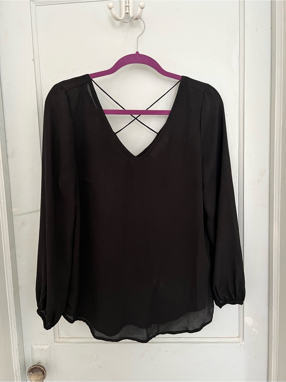 Black Long-Sleeve V-Neck Women's Top with Crisscross Back